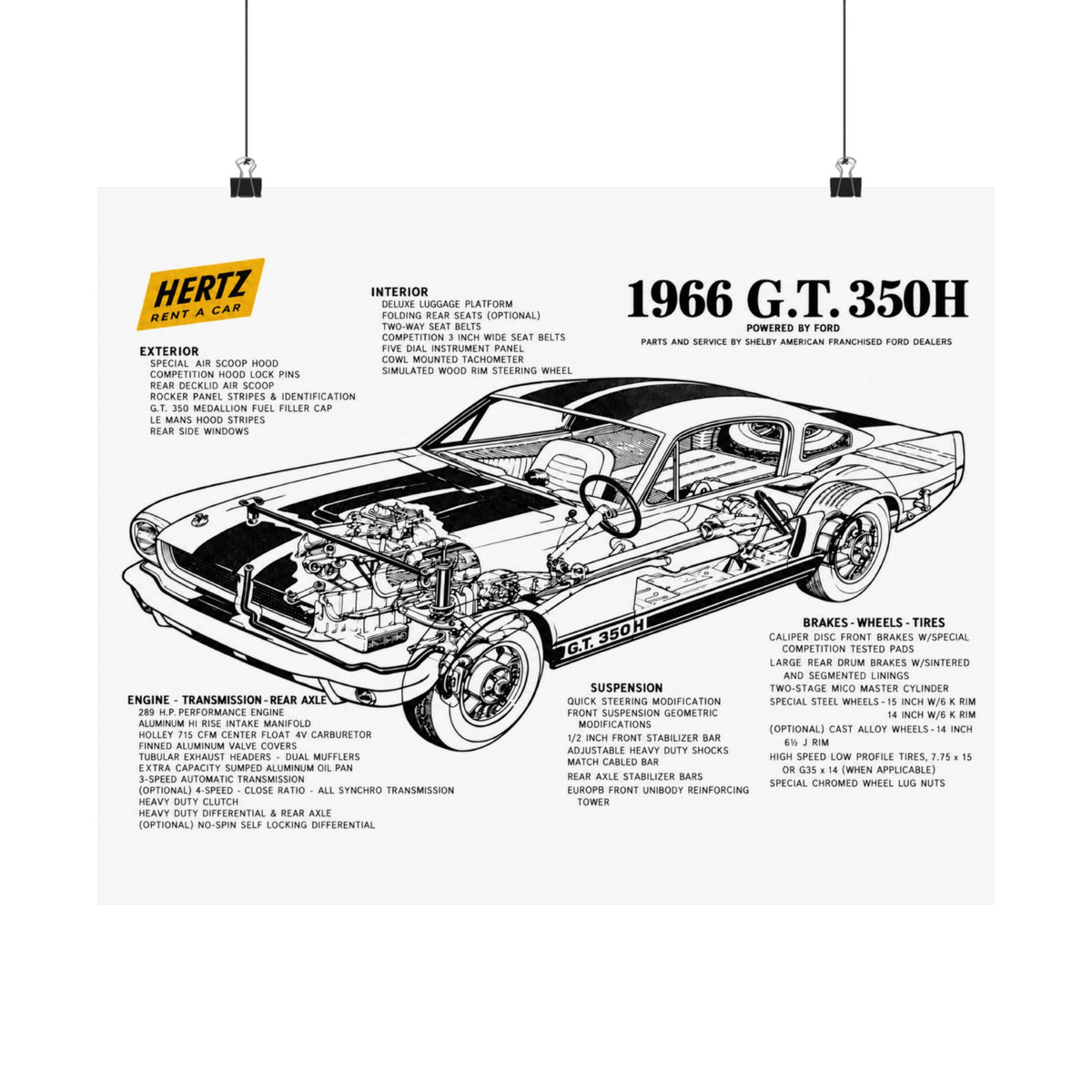 1966 GT 350H Car Blueprint Poster — Vintage Hertz Shelby Illustration (Matte Horizontal)