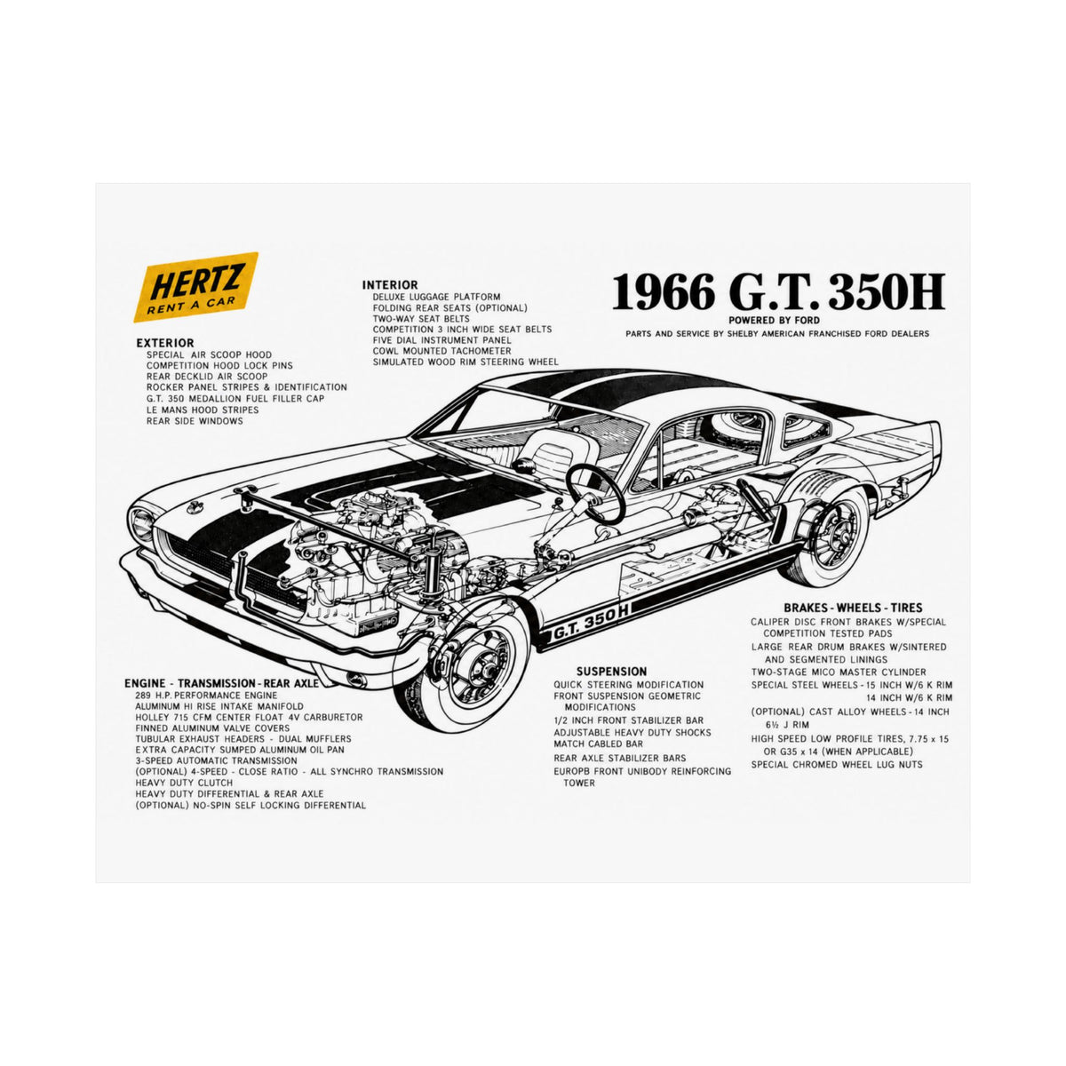 1966 GT 350H Car Blueprint Poster — Vintage Hertz Shelby Illustration (Matte Horizontal)